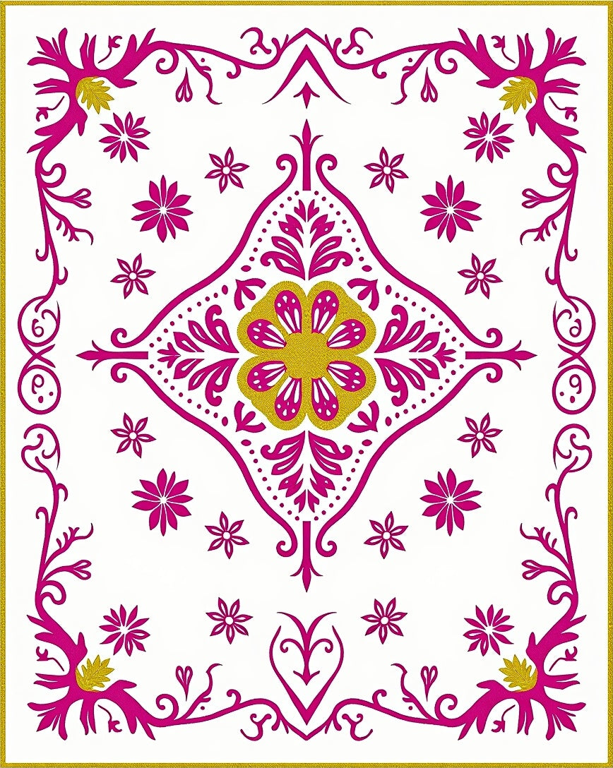 Fuchsia Gold Floral Medallion Border Rug
