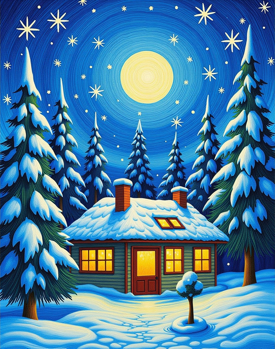 Winter Cabin Snow Starry Night Rug