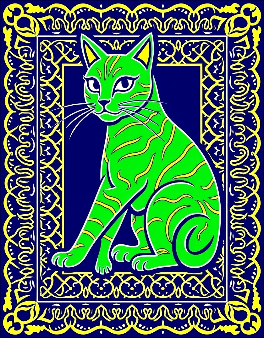 Vibrant Green Cat In Blue Frame Rug