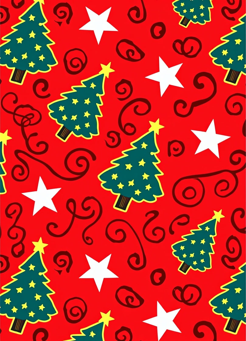 Red Christmas Trees Star Swirls Rug