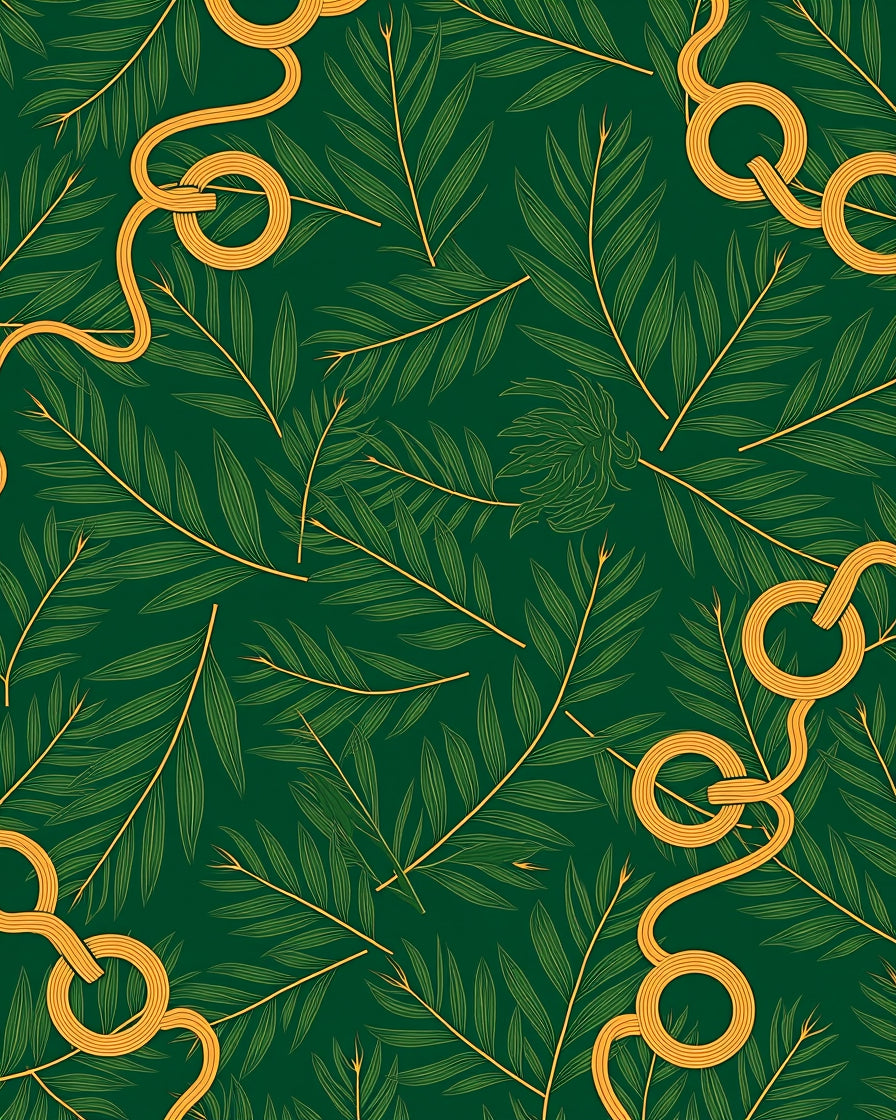 Deep Green Palm Leaf Gold Swirl Rug