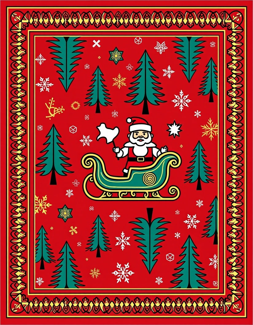 Christmas Red Santa Sleigh Trees Rug