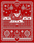 Red White Scandinavian Village Folk Art Rug