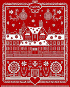 Red White Scandinavian Village Folk Art Rug