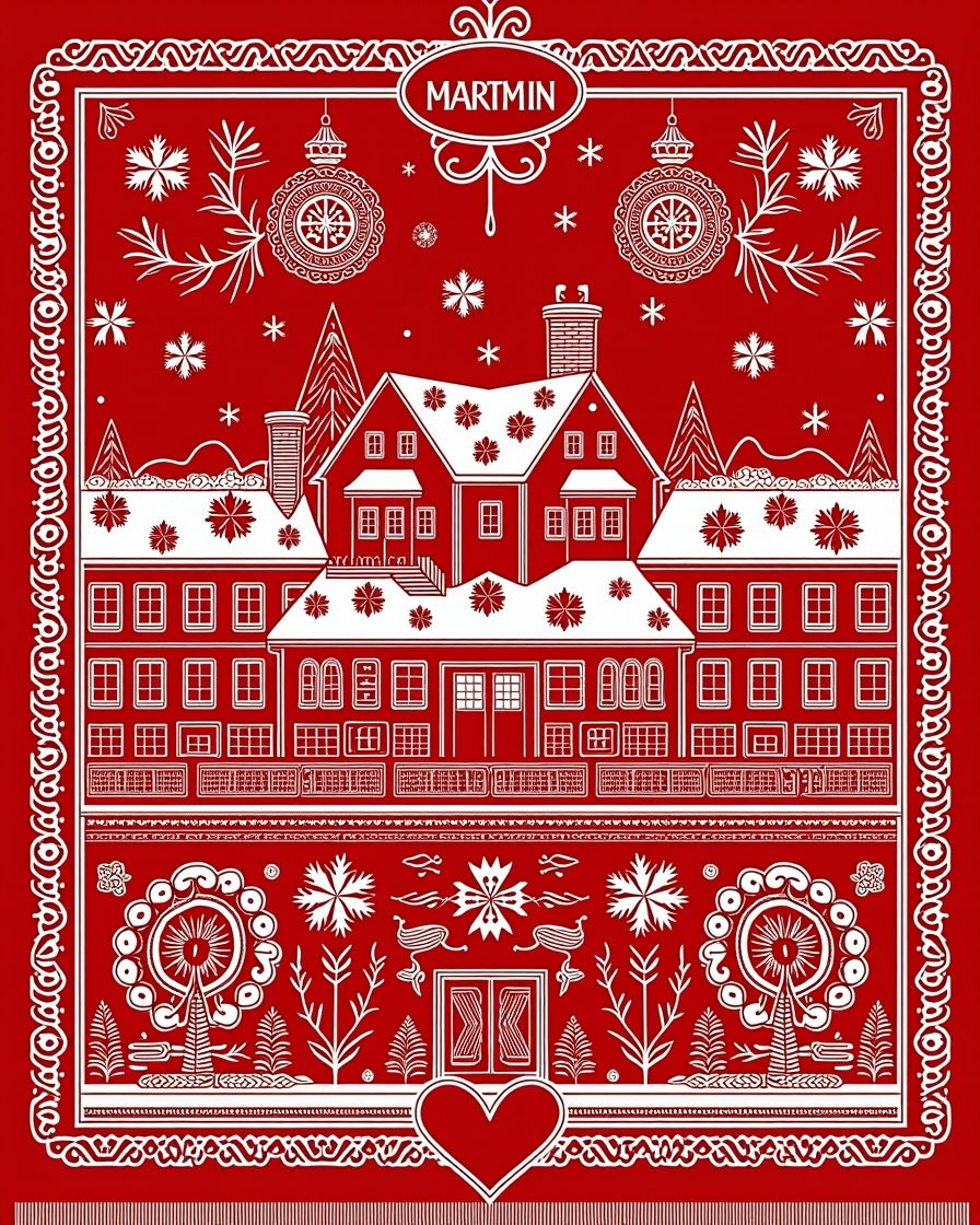 Red White Scandinavian Village Folk Art Rug