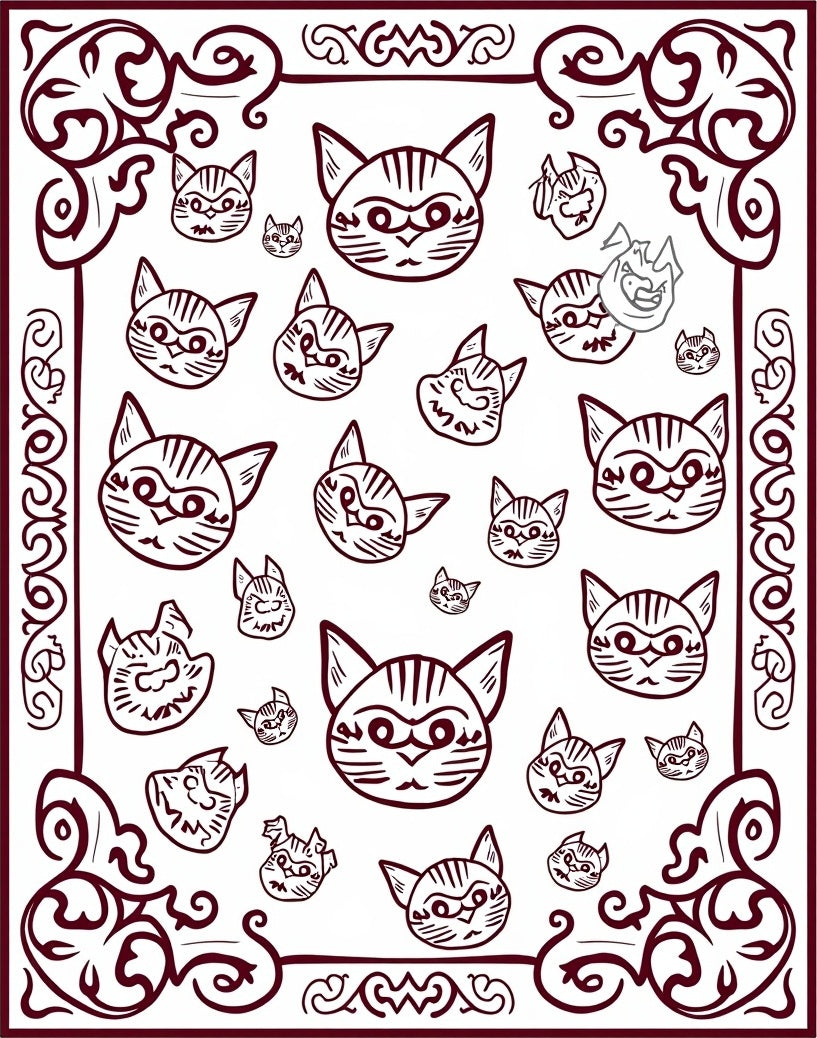 Crimson Cat Faces Scattered Borders Rug