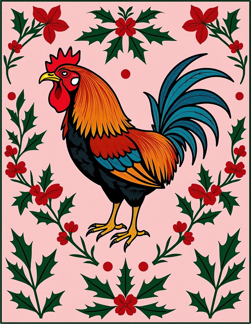 Christmas Rooster Holly Border Rug