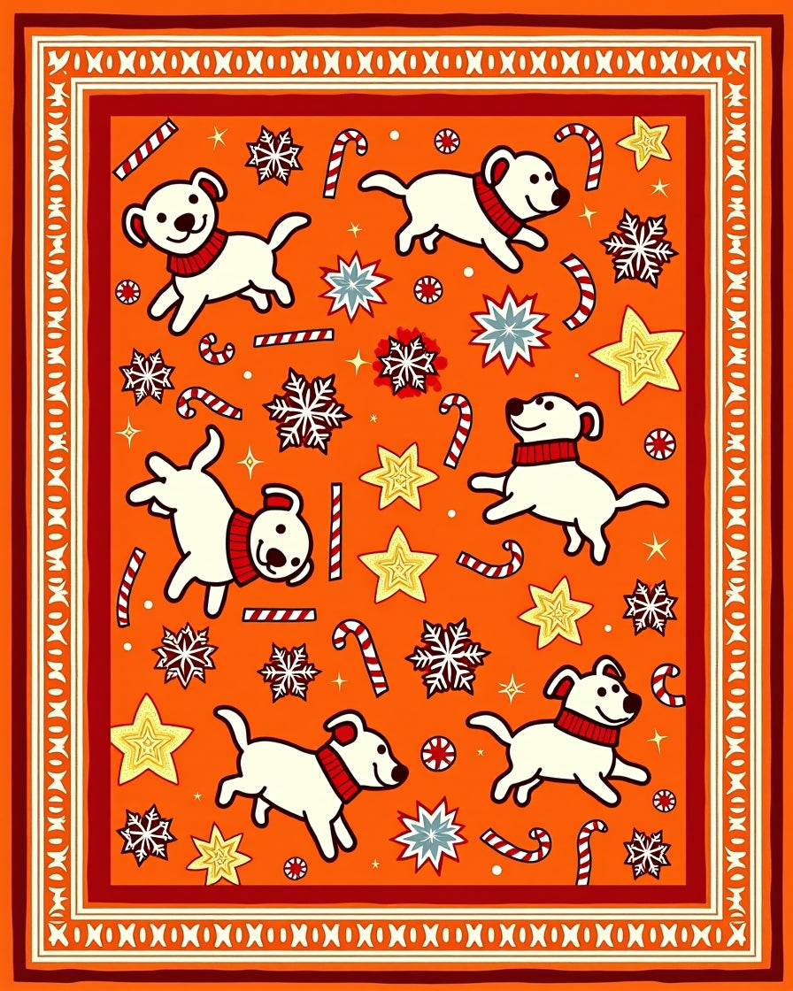 Whimsical Orange Dog Candy Cane Snowflakes Rug