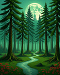Moonlit Forest Stream With Red Flowers Rug