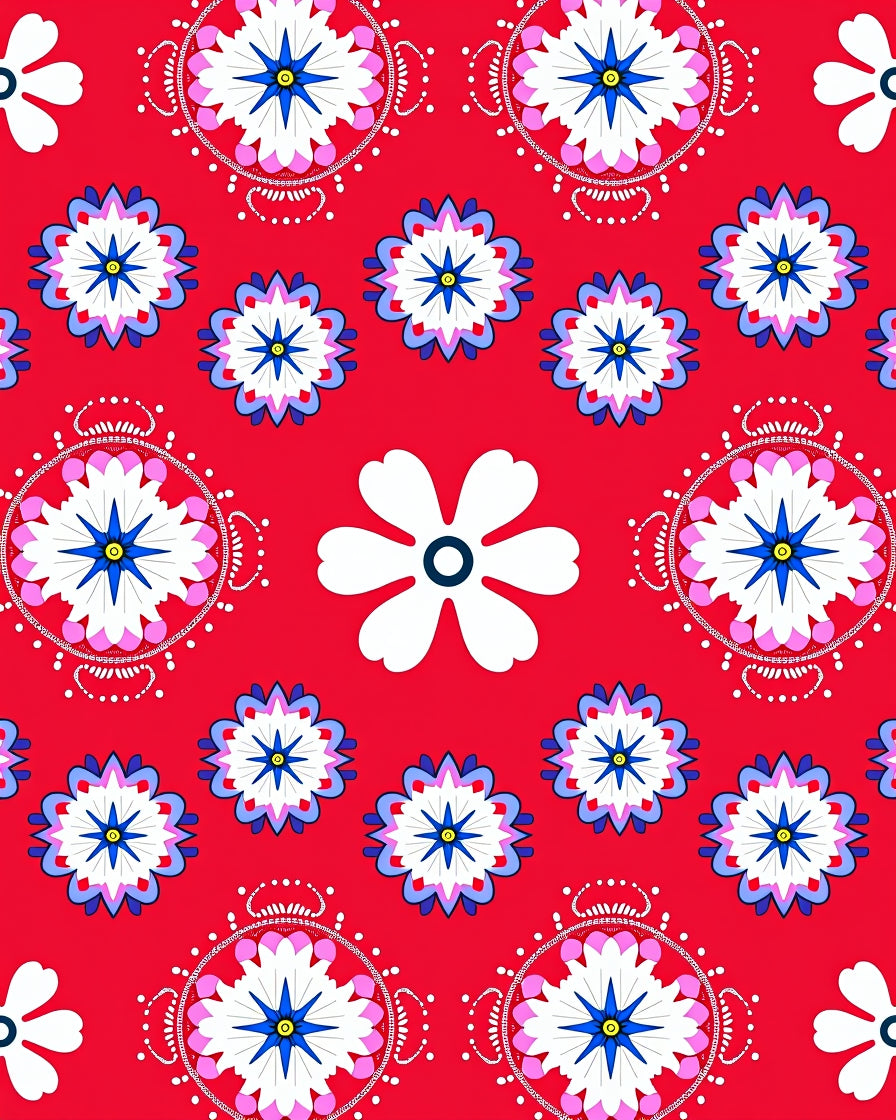 Bright Red Floral Starburst Medallion Rug