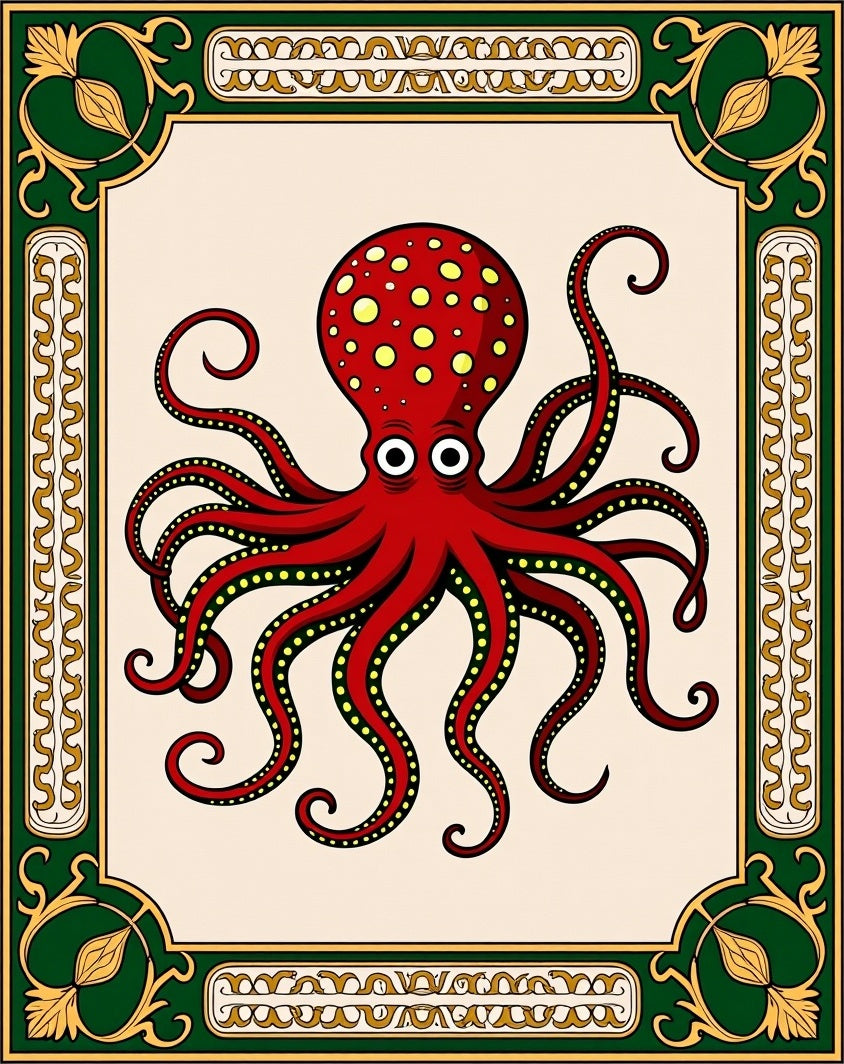 Crimson Octopus Floral Frame Rug