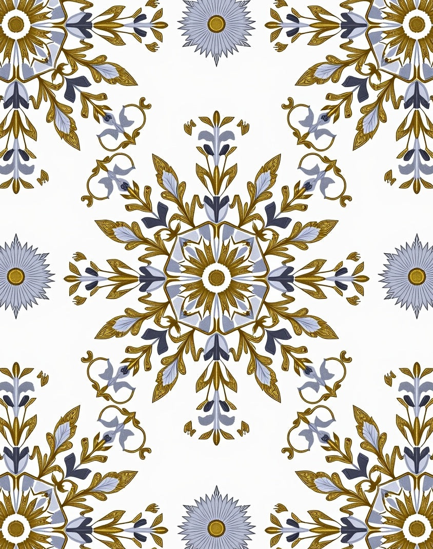 Gold Blue Floral Medallion Symmetry Rug
