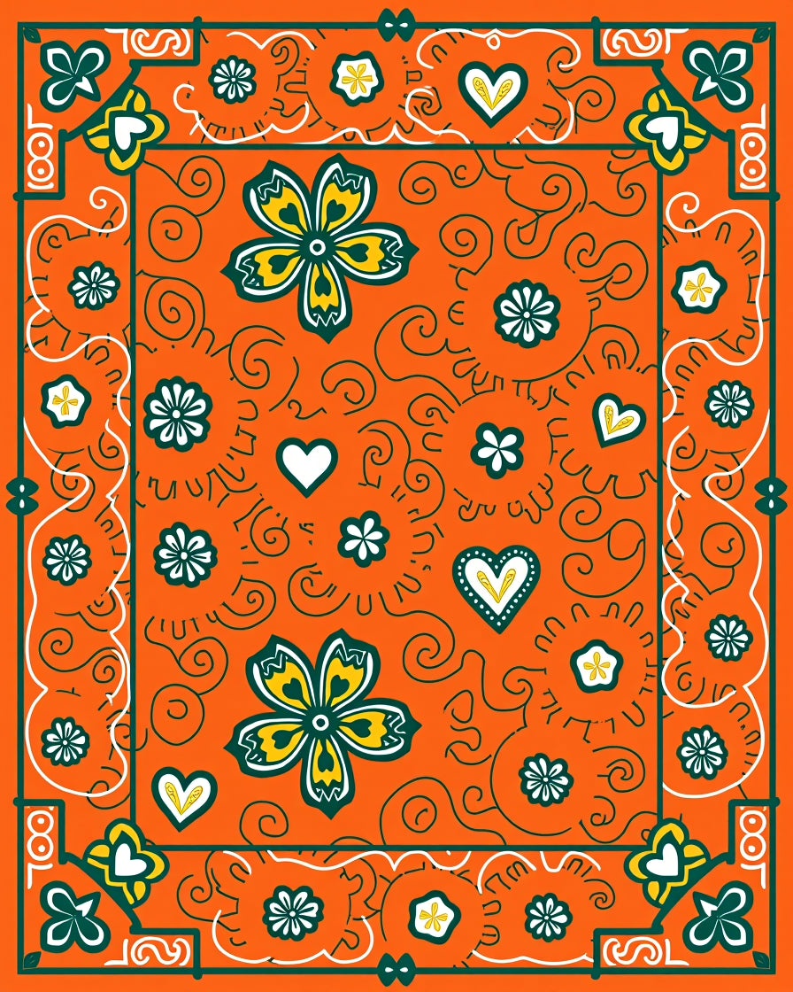 Vibrant Orange Floral Heart Border Rug