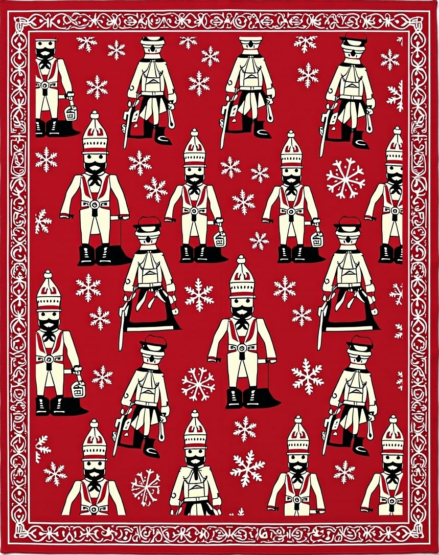 Red Cream Soldier Snowflakes Border Rug