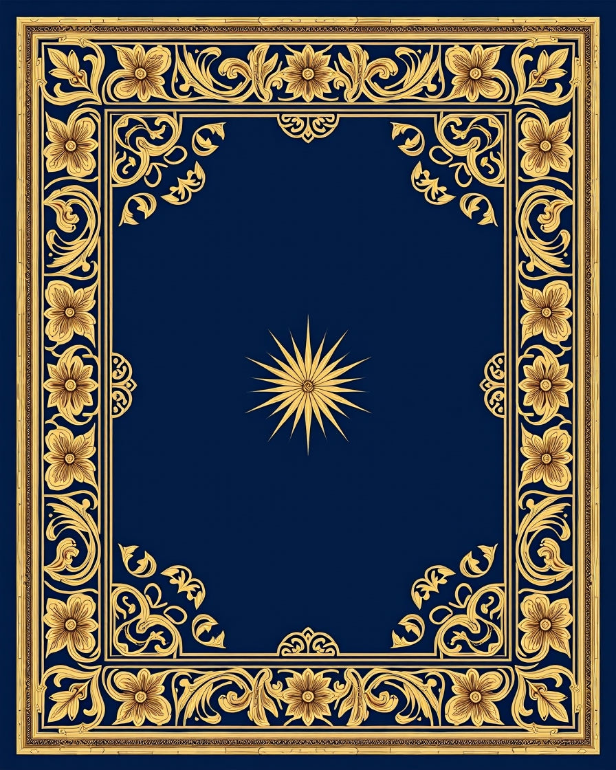 Ornate Gold Floral Indigo Sunburst Rug