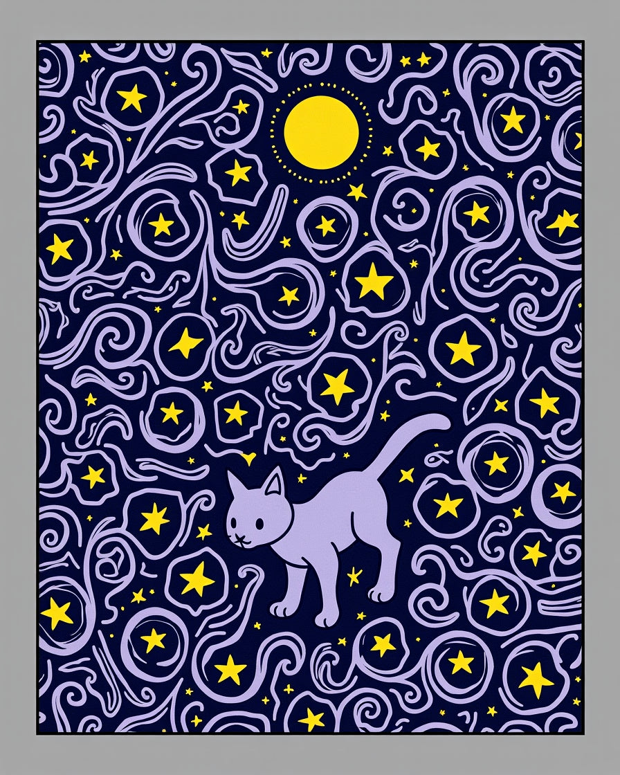 Lavender Cat Under Yellow Moon Stars Rug