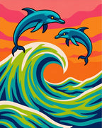 Blue Dolphins Surfing Vibrant Ocean Waves Rug