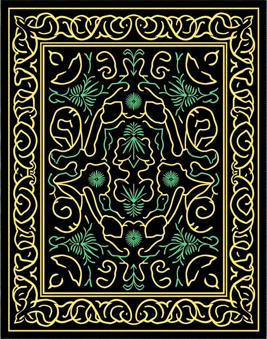 Black Yellow Green Floral Swirl Rug