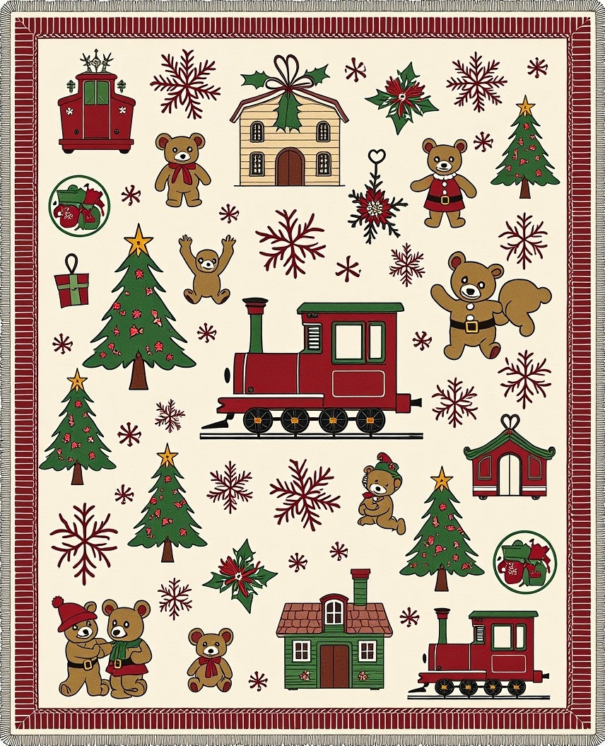 Christmas Bears and Trains Cream Rug