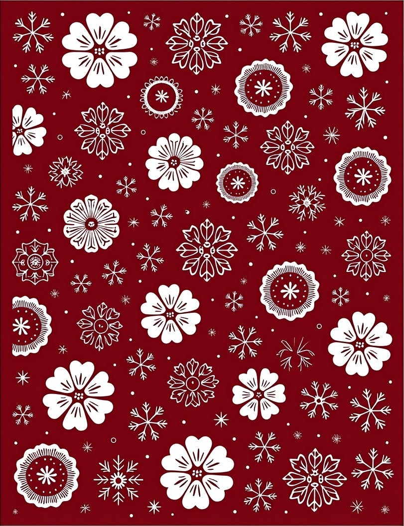Crimson White Floral Snowflakes Collage Rug