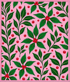 Pink Holly Berry Leaf Branches Rug