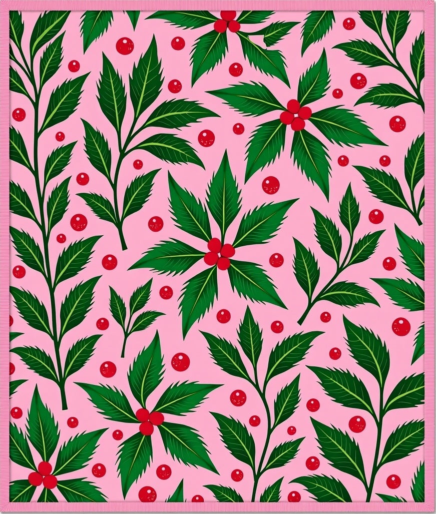 Pink Holly Berry Leaf Branches Rug