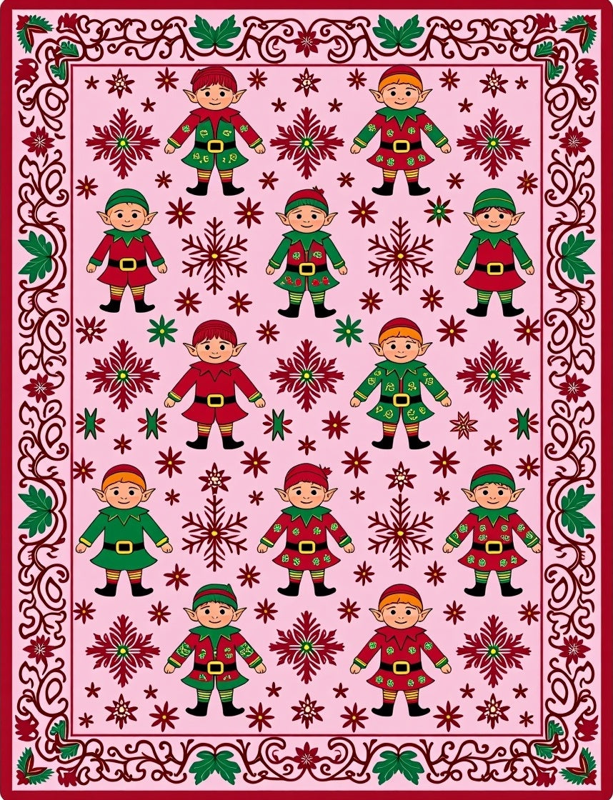 Whimsical Elf Snowflake Pink Borders Rug