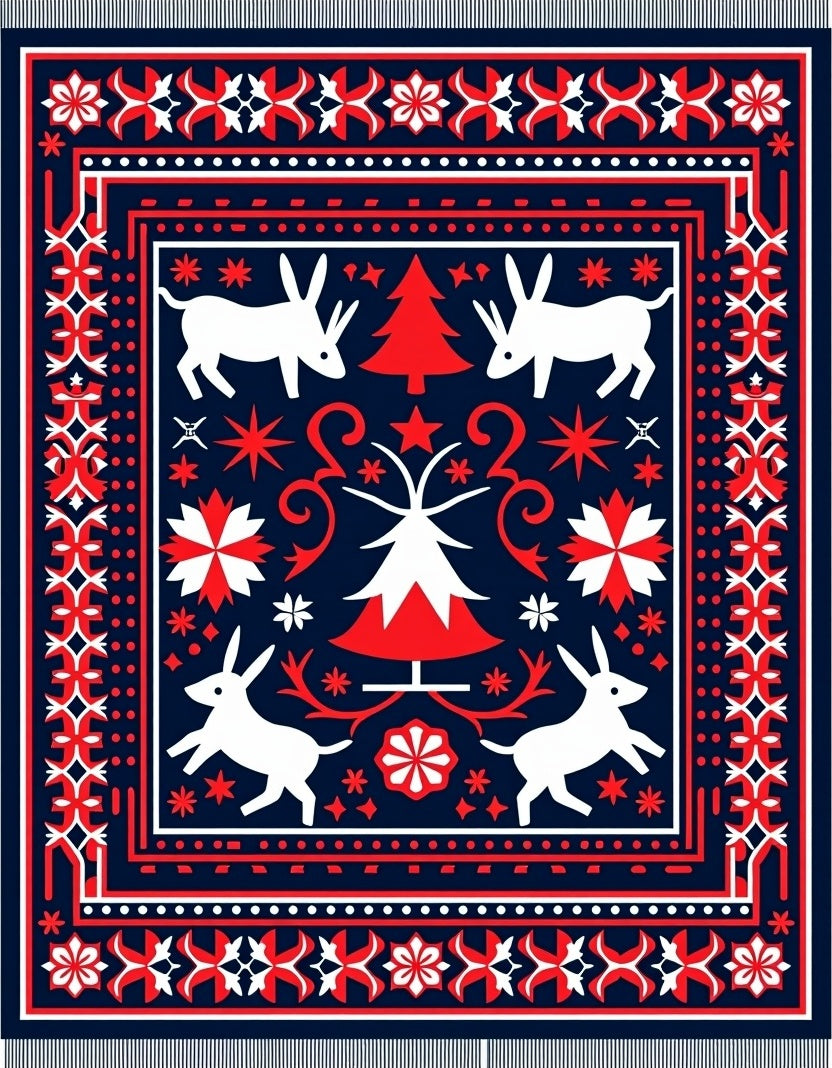 Folk Art Christmas Rabbit Tree Rug