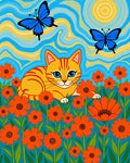 Whimsical Orange Floral Cat Butterflies Rug