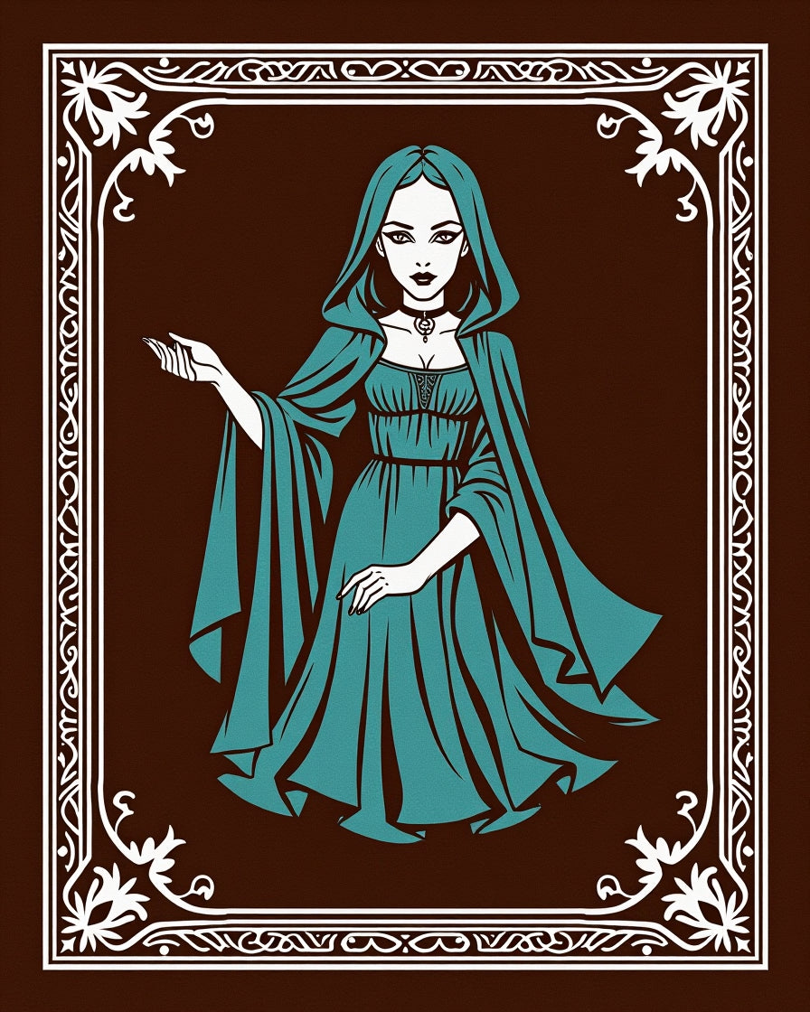 Teal Hooded Sorceress Tribal Frame Rug