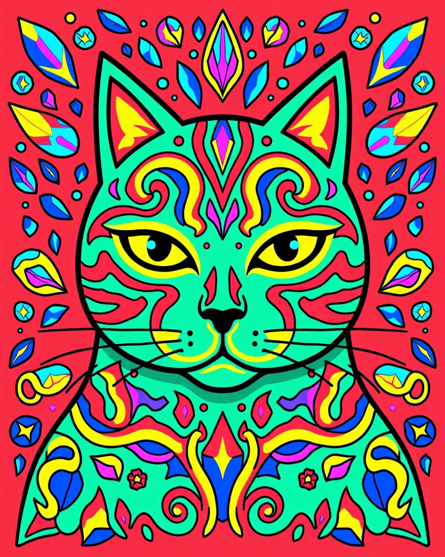 Vibrant Cat Kaleidoscope Jewel Accents Rug