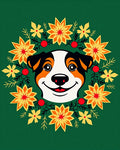 Whimsical Dog Floral Wreath Crimson Yellow Rug