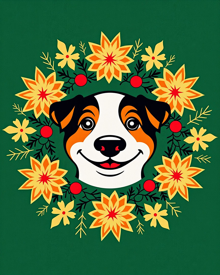 Whimsical Dog Floral Wreath Crimson Yellow Rug