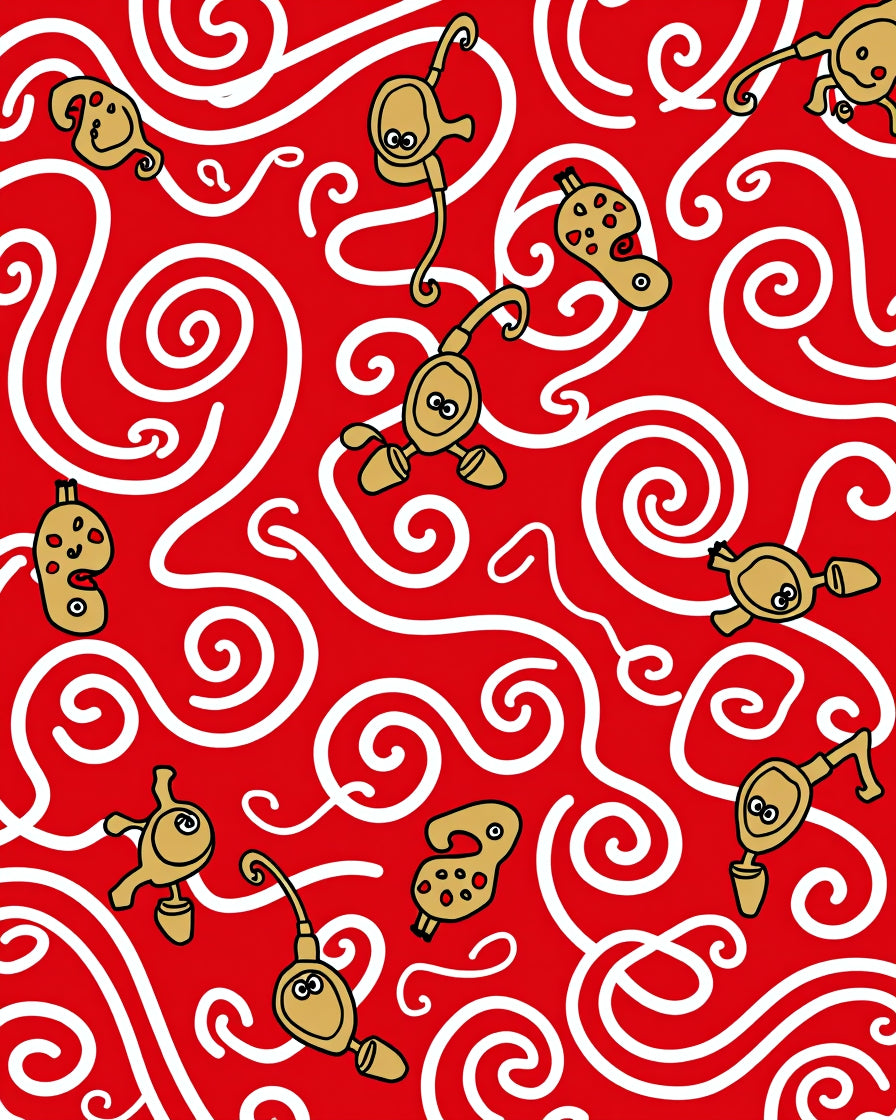Whimsical Red Golden Cartoon Creatures Rug
