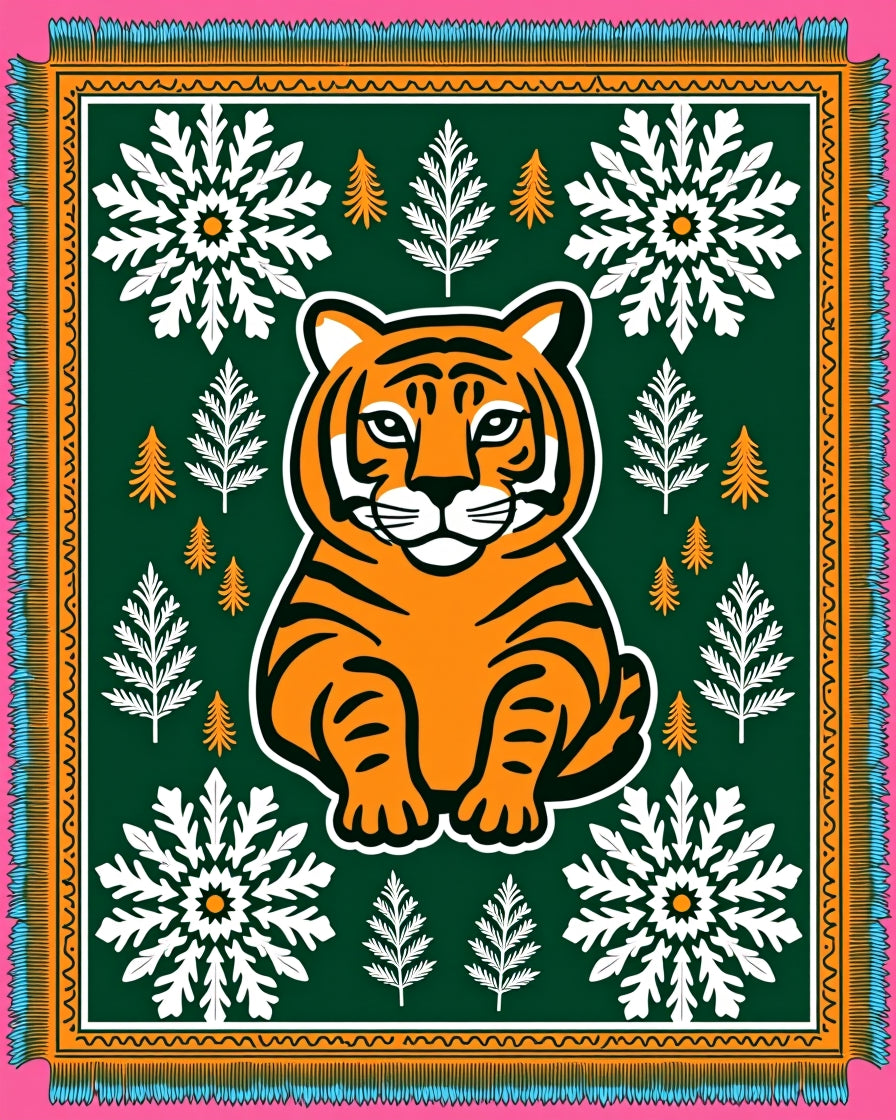 Friendly Orange Tiger Snowflake Forest Rug