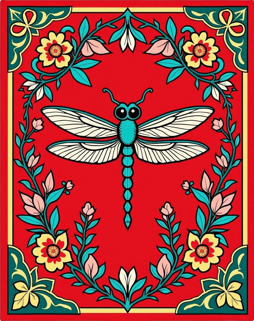 Red Dragonfly Floral Border Rug