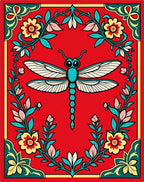 Red Dragonfly Floral Border Rug