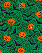 Spooky Orange Pumpkin Bat Swirl Green Rug