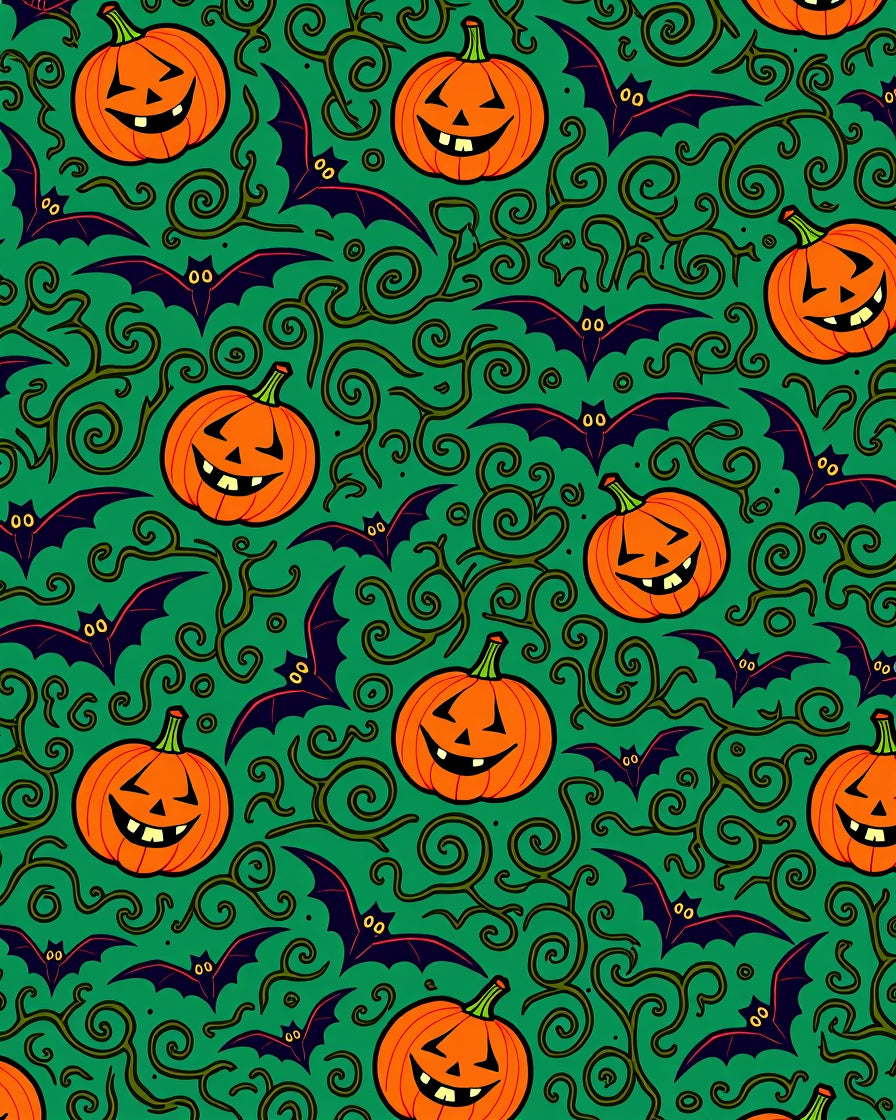 Spooky Orange Pumpkin Bat Swirl Green Rug
