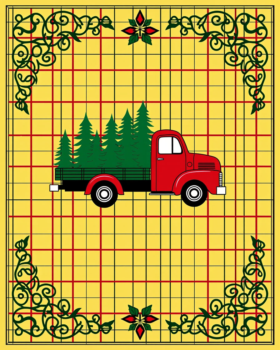 Red Truck Christmas Trees Yellow Plaid Rug