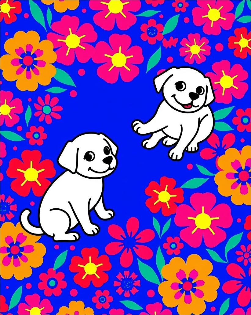 Cute Puppies Among Bright Floral Bloom Rug