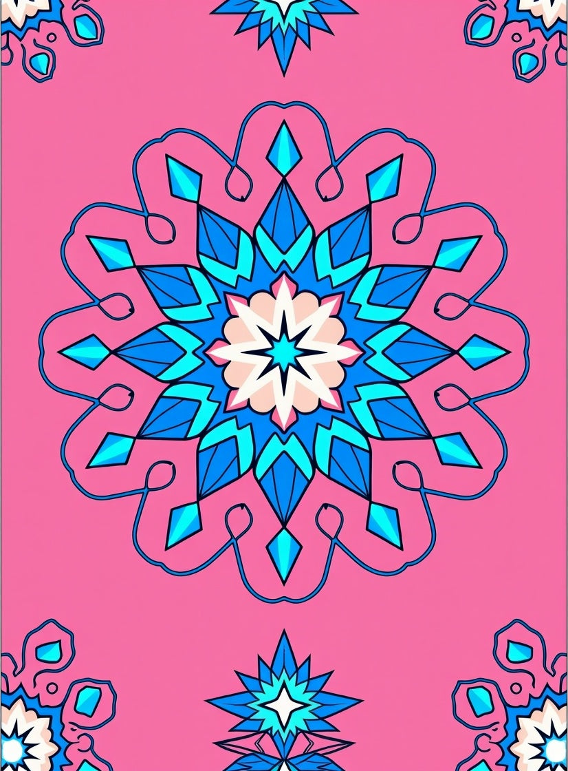 Vibrant Pink Blue Geometric Medallion Rug