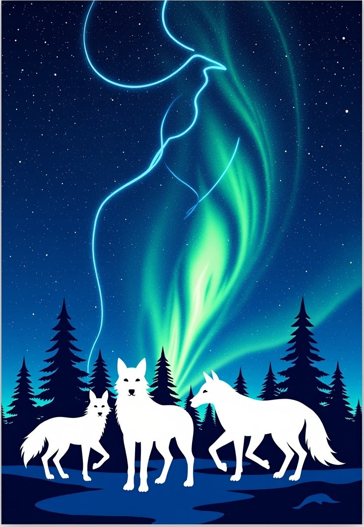 Arctic Wolves Under Northern Lights Rug