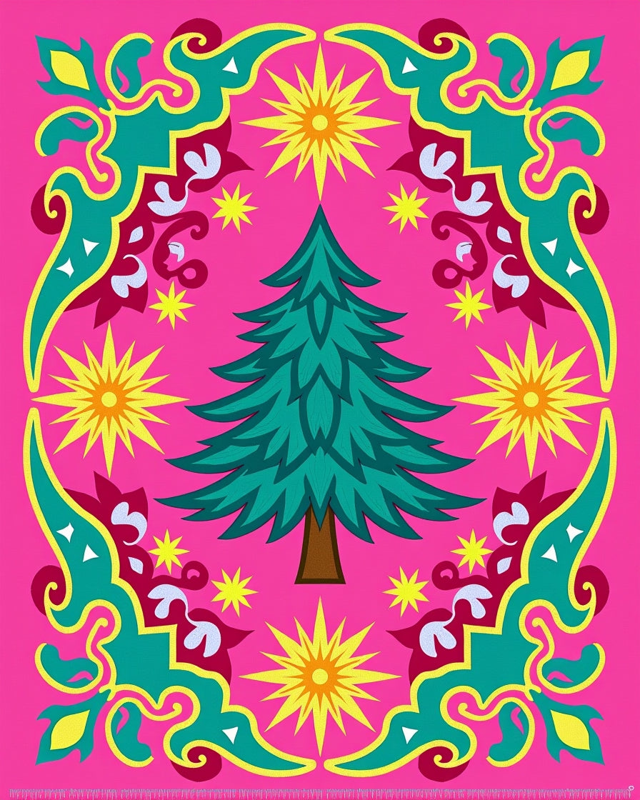 Vibrant Pink Teal Christmas Tree Stars Rug