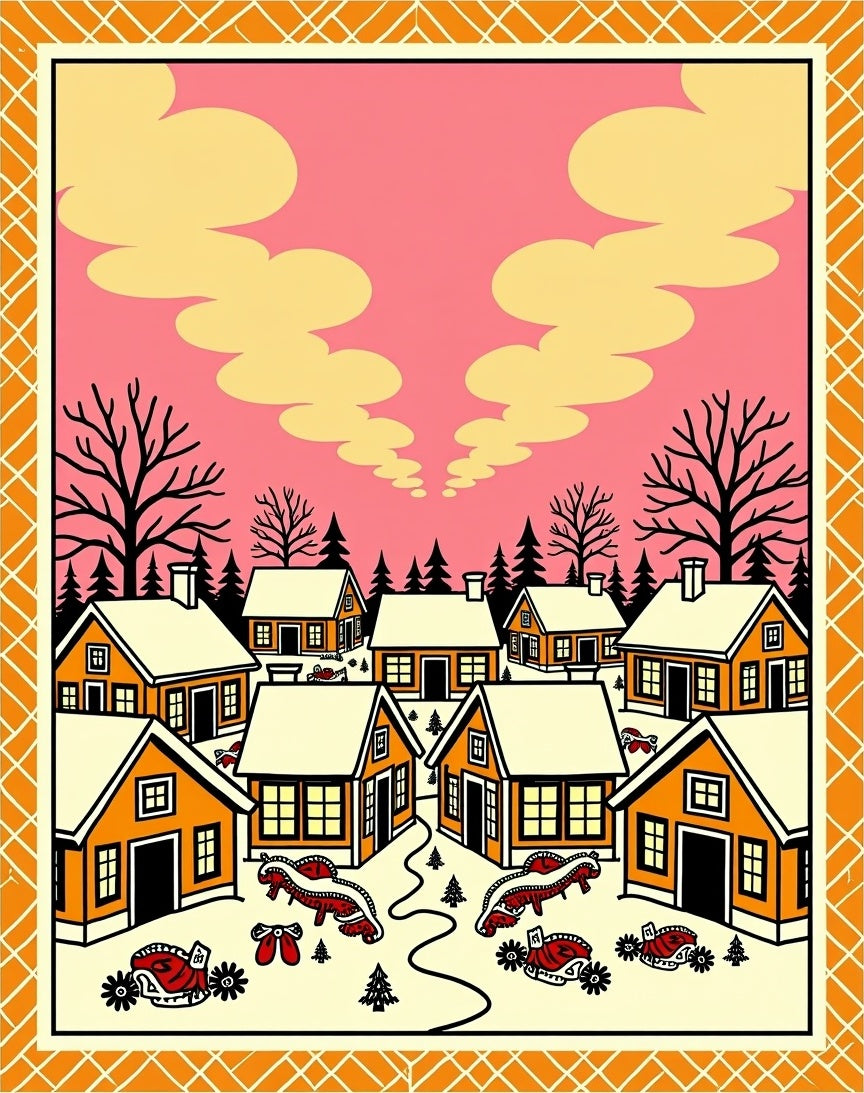 Whimsical Winter Village Orange Houses Rug