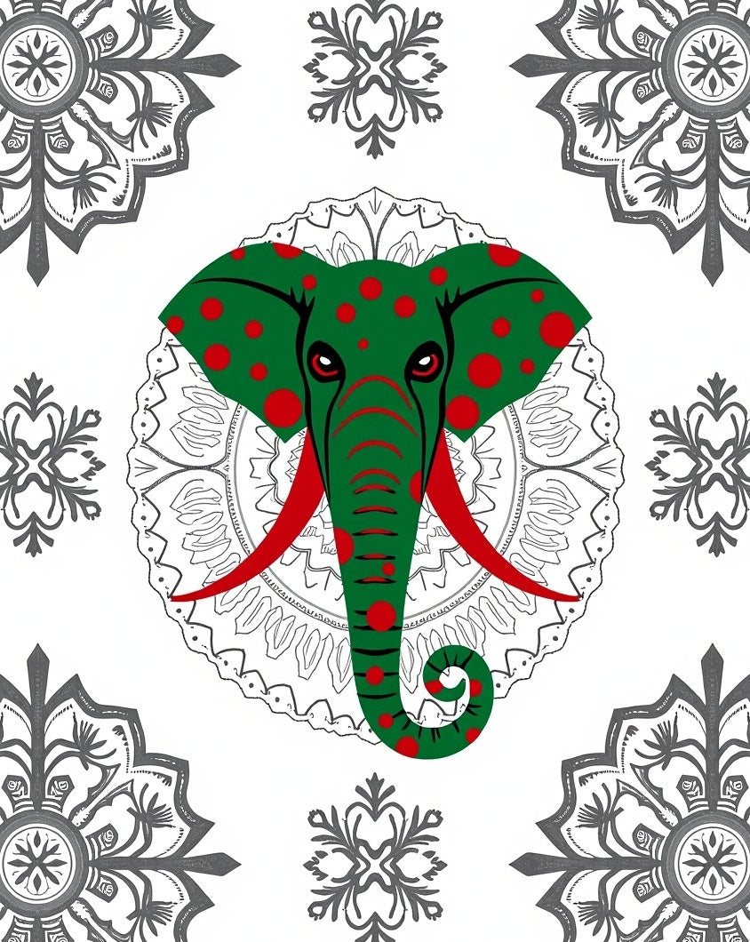 Green Red Spot Elephant Mandala Rug