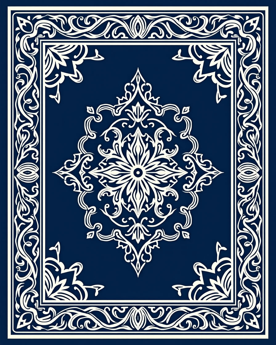 Deep Blue Ornamental Medallion Border Rug