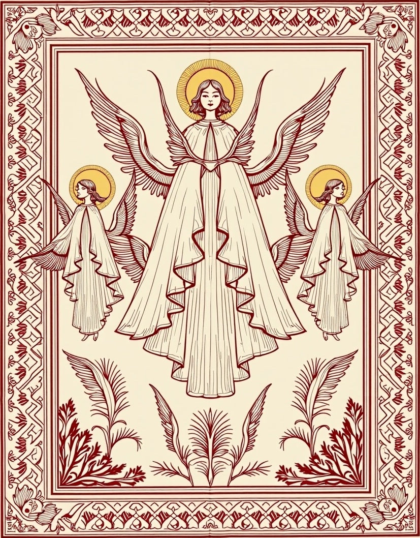 Red Medieval Angelic Winged Figures Rug