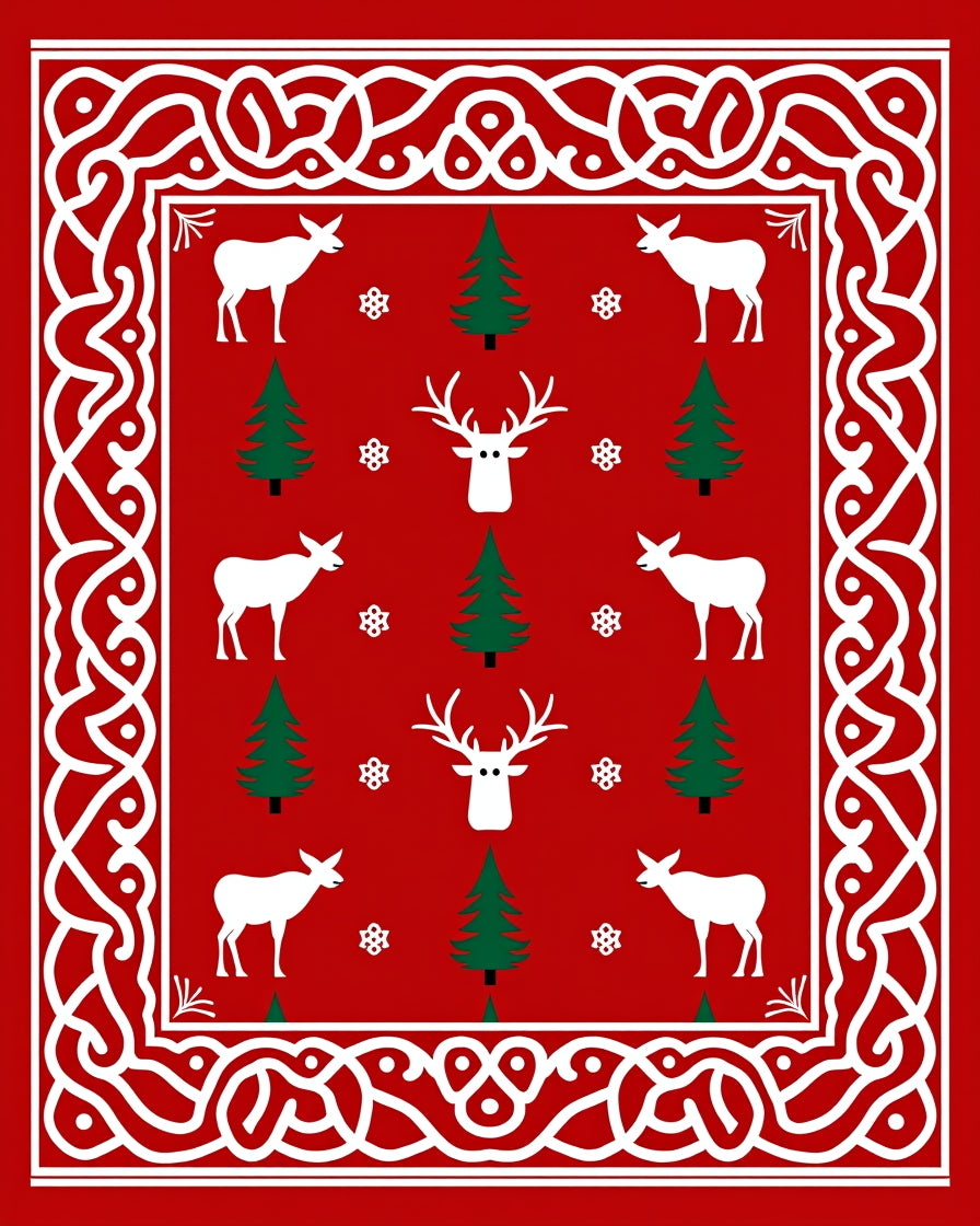 Red White Green Holiday Deer Trees Border Rug