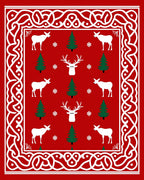 Red White Green Holiday Deer Trees Border Rug